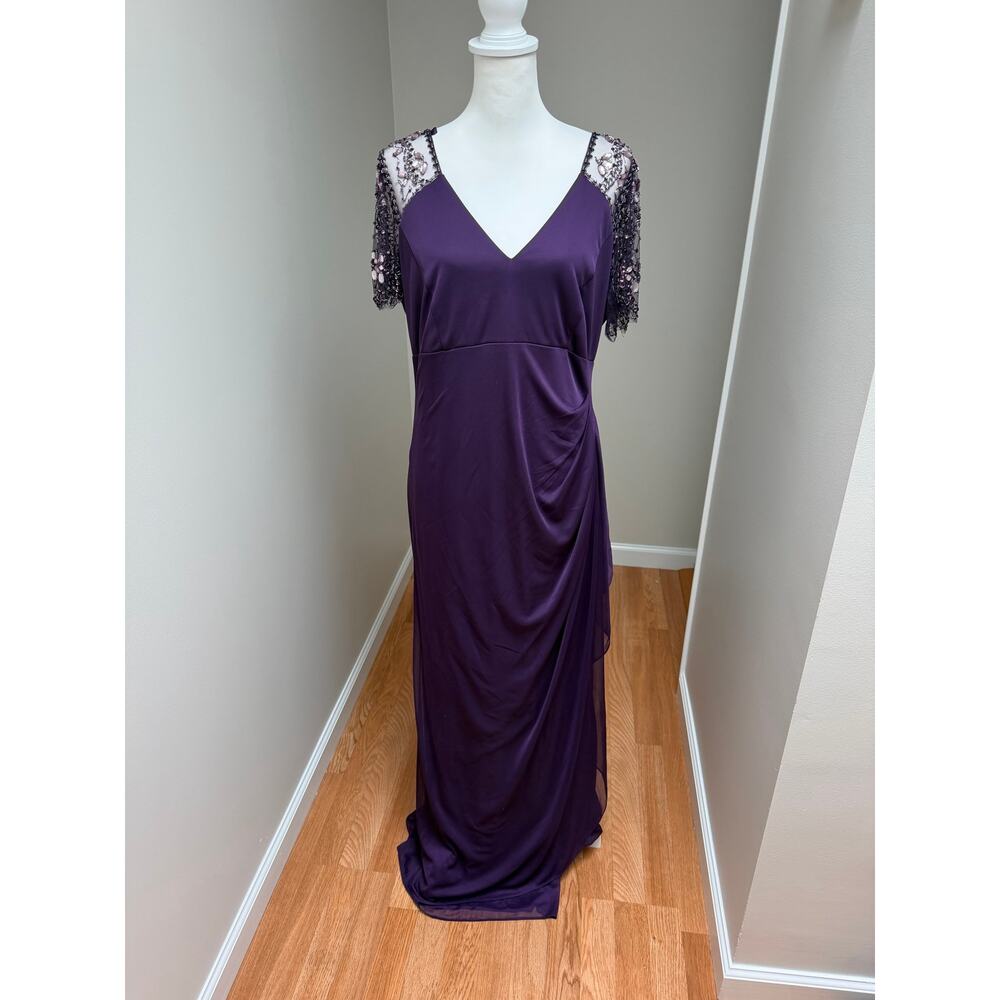 Xscape Evening Dress Plum Lace Draped Formal Beaded Flutter Sleeves Size 16 NWT - Picture 4 of 10